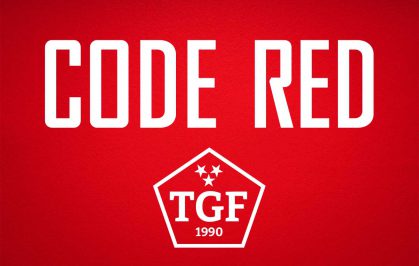 Red background image with white Code Red type and TGF pentagon mark.